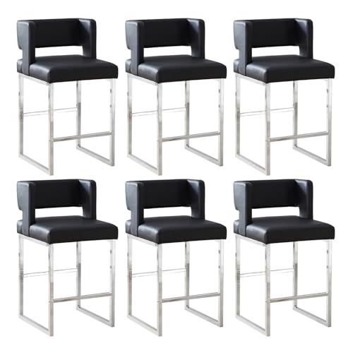 Image of 26 inch H PU Leather Bar Stools Set of 6, Counter Height Bar Seats with Square Back, Modern Upholstered Armless Barstools with Metal Silver Legs for Kitchen Island Dining Room Bar, Black