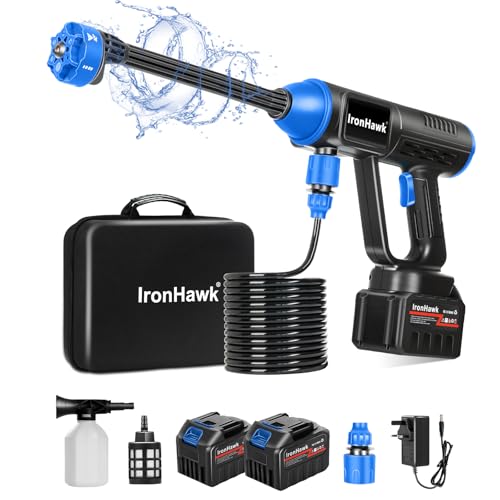 IronHawk Akku-Hochdruckreiniger Kabellos – 2×Li‑Ion Akkus, Tragbar & Leicht, 6‑in‑1 Düse, 10 m Schlauch – Für Auto, Terrasse und Garten