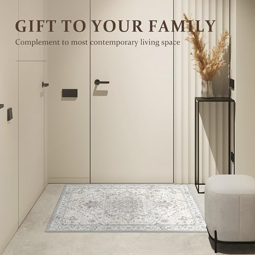 Deerly Vintage Area Rug 3x5 Small Entryway Rug Boho Thin Area Rugs for Living Room Non-Slip Lightweight Washable Rug for Kitchen Entryway Bedroom Dining Room Office, Beige/Multi