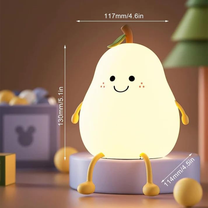 Image of XERGY Cute Pear Silicone Night Light for Kids - USB Rechargeable LED Lamp with 7 Color Changing, Tap Control, Timer Soft Bedside Night Lamp for Bedroom, Nursery, Gifts & Home Decor