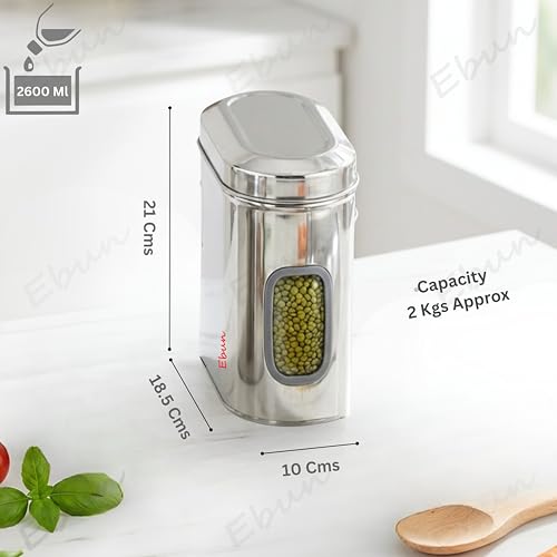 Image of Ebun Stainless Steel See Through Containers | Stainless Steel Container with Lid | Capsule Shape Steel Kitchen Containers Set | Steel Airtight Container | 2 Kgs Capacity Approx | Pack of 3