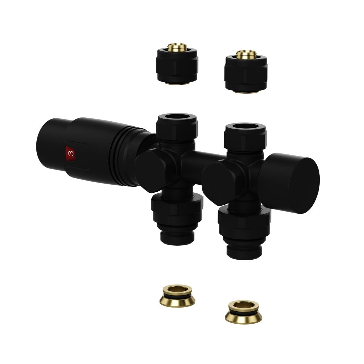 Belvit Válvula de radiador con termostato, conector de 1/2", PEX 16 x 2 mm, cono M30, para conexión a pared y conexión al suelo, válvula de calefacción para radiador, color negro mate