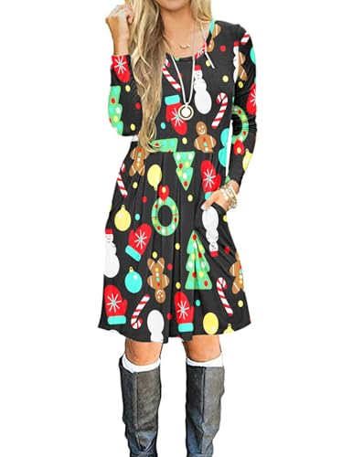 AUSELILY Women's Long Sleeve Pleated Loose Swing Casual Dress with Pockets Knee Length Christmas Tree Gloves L