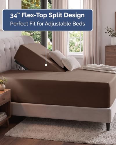 Image of Extra Deep Flex Top Split Head King Fitted Sheet - Hotel Luxury Single Fitted Sheet Only - Easily Fits 18 inch to 24 inch Mattress - Ultra Soft, Wrinkle Free w /Extra Deep Pockets - Brown