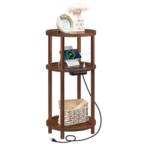 Image of HOOBRO Small Round Side Table with Charging Station, 3-Tier Round Bamboo End Table, Compact Sofa Bedside Table for Small Space, Easy Assembly, for Living Room, Bedroom, Apartment, Mocha MA152UBZ01