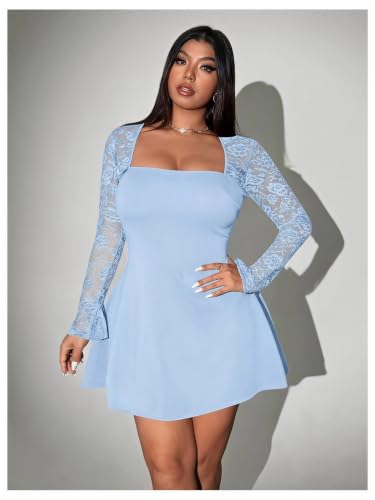 Image of Floerns Women's Plus Size Lace Sheer Long Sleeve Square Neck Mini Dresses | A Line, Curvy, Flare, Birthday, Night Out, Party, Wedding Guest, Formal, Mini Dress