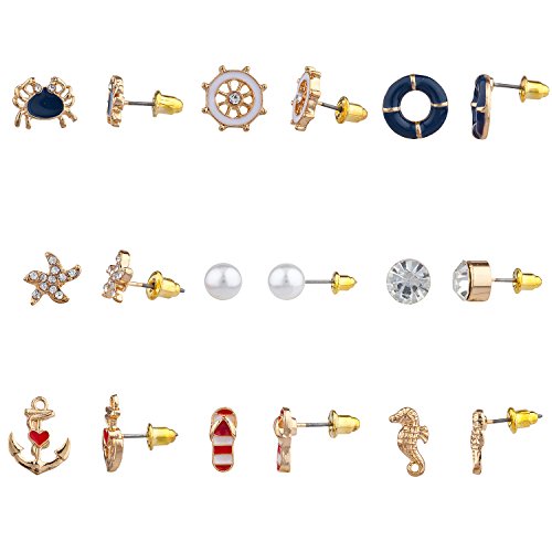Lux Accessories Gold Tone Crystal Pearl Red White Blue Nautical Earring Set4