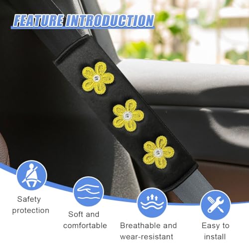 Image of 2PCS Daisy Flower Car Seat Belt Cover Pads, Protect Neck, Yellow | Soft Breathable Auto Seat Shoulder Strap Pad, Comfortable Seatbelt Cushion, Vehicle Interior Decoration for Cars, Trucks