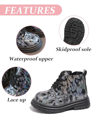 Girls Boys Ankle Boots Waterproof Lace up Patent Boot with Side Zipper Non Slip Platform Leather Booties 5