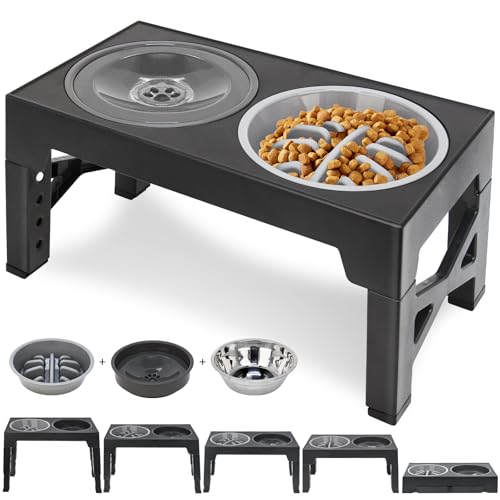 3-in-1 Hundenapf Erhöht mit Futternapf, Wassernapf Hund ohne Sabbern, Antischlingnapf Hunde, 5 Höhen Einstellbar Rhöhter Hundenapf, Faltbar Futternapf Hund Erhöht, Schwarz