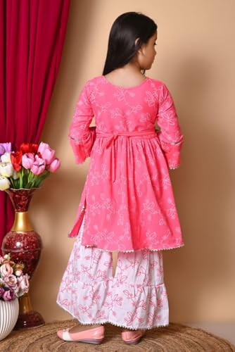 Image of Nfashion Kids Ethnic Wear Cotton Floral Printed Angrakha Kurta Sharara Set For Girls