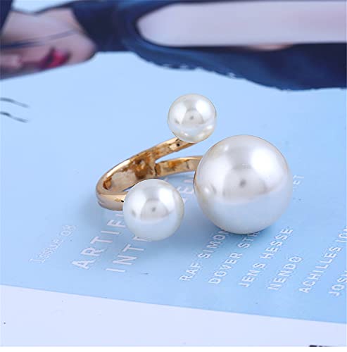 3 Pearls Promise Ring for Women Girls Gold Plated Statement Expandable Adjustable Big Pearl Ball Open Band Wrap Rings Comfort Fit Engagement Wedding Jewelry Size 7-94