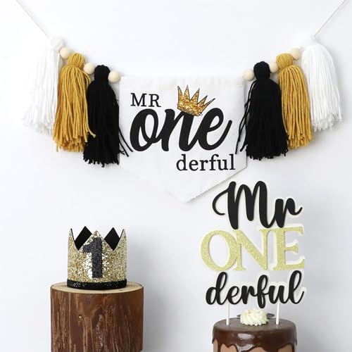 Onederful - Decoración para fiesta de primer cumpleaños, pancarta para silla alta, corona de primer cumpleaños, decoración para tarta de primer cumpleaños