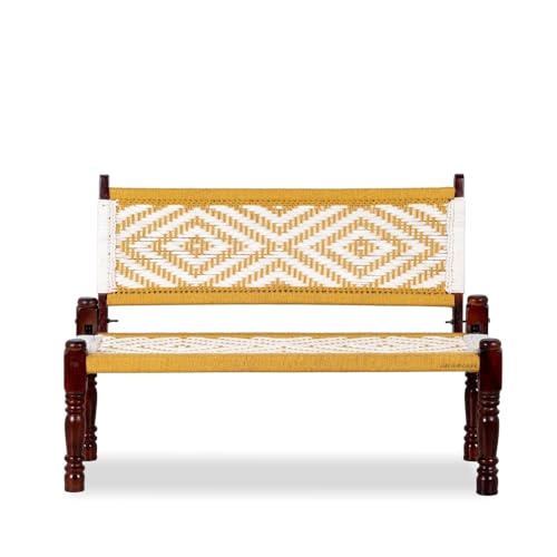 Image of Srima Wooden Bench for Living Room | Handcrafted Sheesham Wood Backrest Bench for Balcony & Garden | Traditional Rajasthani Patio for Outdoor with Cotton Handwoven Rope | Yellow and White