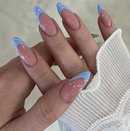 Blue French Tip Press on Nails Medium Almond Fake Nails WLGDLH Na...
