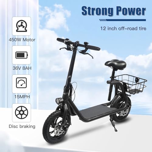 ROXAAN Electric Scooter Adults with Seat, 15.5Mph 20Miles Range Foldable Electric Scooter for Adults, 450W Powered E-Scooter for Commuting W/Basket, 12.5\" Pneumatic Tire Sports Scooter (Matte Black)