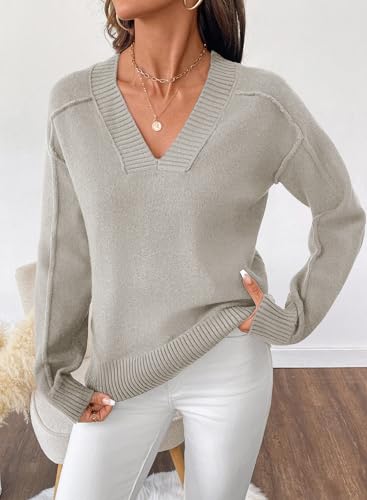 SHEWIN Womens Long Sleeve V Neck Sweaters Casual Loose Drop Shoulder Solid Knit Pullover Sweater Tops2