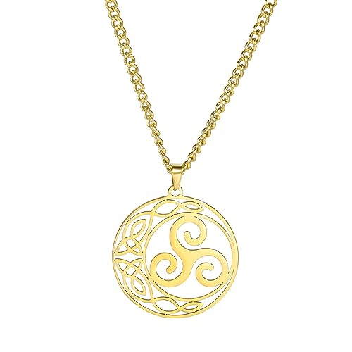 VASSAGO Collier avec pendentif rond en forme de nœud celtique - Triple spirale - Collier viking celtique Triskel Trinité - Bijou irlandais porte-bonheur pour homme et femme, Acier inoxydable