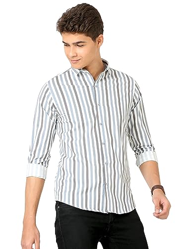 IndoPrimo Men's Cotton Shirt with Spread Collar Neck Line Striped