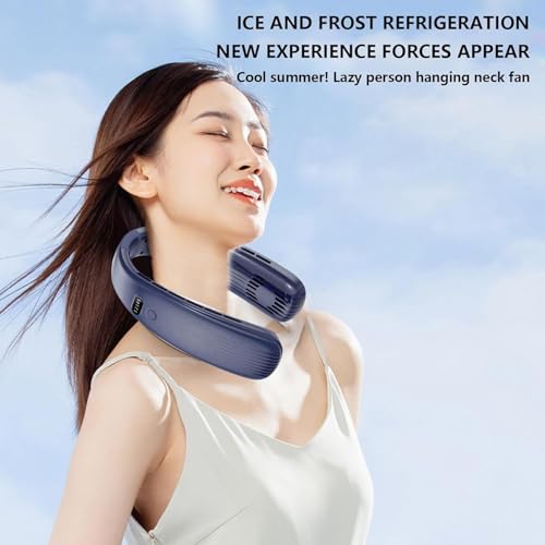 Image of One94Store Portable Bladeless Hanging Neck Fan - Modern Design, 12 Air Outlets, 2400mAh Rechargeable Battery, USB Powered, 5-Speed Hands-Free Cooling Fan, Up to 6 Hours Use for Indoor&Outdoor (Blue)