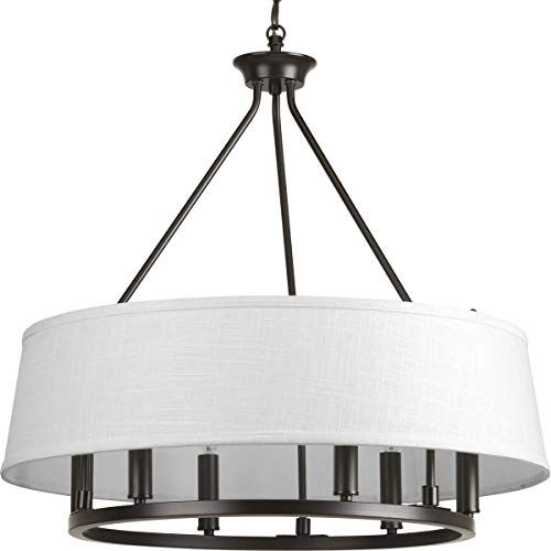 Cherish Collection 6-Light White Linen Shade Coastal Chandelier Light Antique Bronze #TOP4
