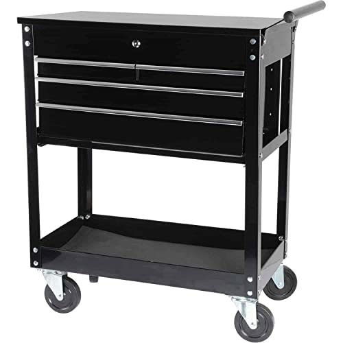 JEGS Rolling Tool Box Cart with Drawers - 4 Ball-Bearing Glided Drawers - 16-Gauge Steel - 580 LBS Total Capacity - Black Powder Coat Finish Toolbox on Wheels