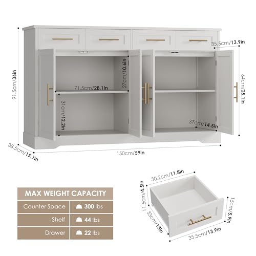 HOSTACK 60" Large Buffet Sideboard with Storage, 36" Tall Kitchen Buffet Storage Cabinet with 4 Drawers, Modern Coffee Bar Cabinet with Gold Handles, Long Sideboard Buffet Table for Kichen, White - Thumbnail 3