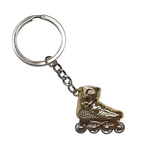 Porte-clés, bijou de sac roller skate, patin a roulette en acier doré chromé.