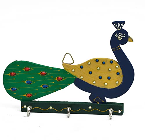 Image of NUTRI MIRACLE Home D�cor Peacock Shape Decorative Hanging Key Holder for Wall /Home /Office /with 3 Hooks Vintage Key Organizer Rack (Green & Black)
