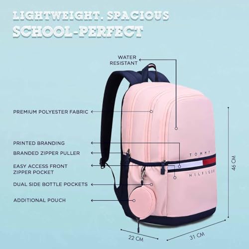 Image of Tommy Hilfiger Ultra-Lightweight School Backpack Trote - Blush Pink+Navy | Large 3-Compartment Student Bag with Extra Accessory Pouch | Soft File Sleeve & Water-Resistant Twill | 34L Capacity