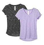 icyzone Damen T-Shirt Kurzarm V-Ausschnitt Yoga Tops Casual Sport Shirt, 2er Pack (L, Black/Lavender)