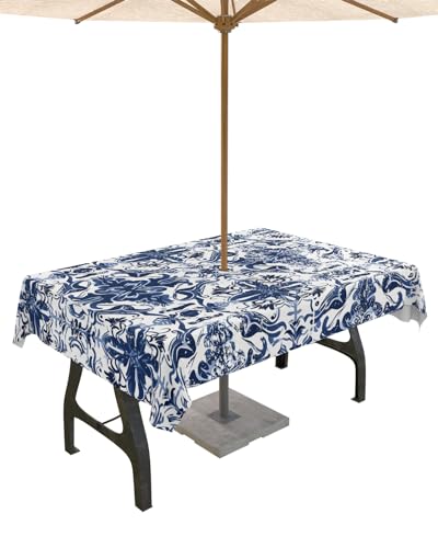 Blue Abstract Outdoor Tablecloths with Umbrella Hole and Zipper, Waterproof/Stain Resistant Rectangle Table Cloth 60x120 Patio Table Cover for Picnic/Party Traditional Geometric Native Printing
