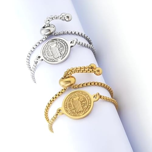 LUSSO 925 Sterling Silver San Benito Bracelet For Women And Men - 14K Gold Filled St Benedict Medal Bracelet Adjustable, Religious Saint Benedict Bracelet Braided Rosary Coin Beaded3