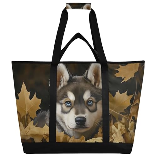 Wolf Leaf Portrait Large Insulated Tote Bag for Grocery Shopping Reusable Tote Bags for Women Men, Cooler Bag with Zippered Top & Handles for Beach Picnic Travel