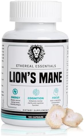 ETHEREAL ESSENTIALS Lions Mane Mushroom Cognition Capsules (120 Count) - Mushroom Powder Lion's Mane Extract - Brain Vitamins - Cognition - Focus Supplement