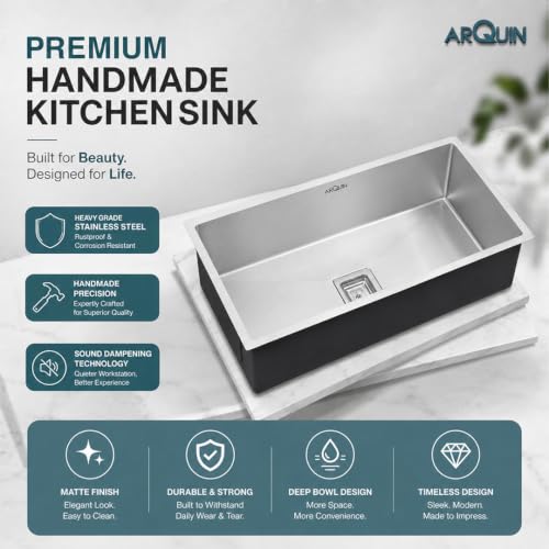 Image of ARQUIN Kitchen Sink 32 inchx20 inchx10 Inch Handmade Single Bowl sink Heavy Duty Stainless Steel Sink for Kitchen Basin with Brushed Matte Finish Including Coupling, Hose Pipe, Fruit Tray