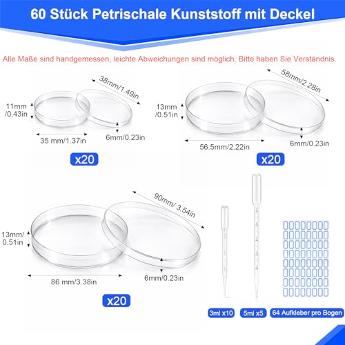 60 Stück Petrischalen Kunststoff, 35mm 60mm 90mm Petrischale mit Transferpipetten & Aufkleber, Transparente Petrischale mit Deckel, Labor-petrischalen für Schulen und Laborkultur Science Projekte