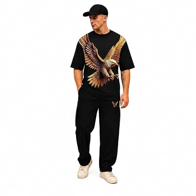 Men's Casual Graphic Co-Ord Set | Oversized Round Neck T-Shirt with Relaxed Fit Printed Track Pants | Cotton Blend Two-Piece Outfit | Streetwear Casual Wear for Men-image-48
