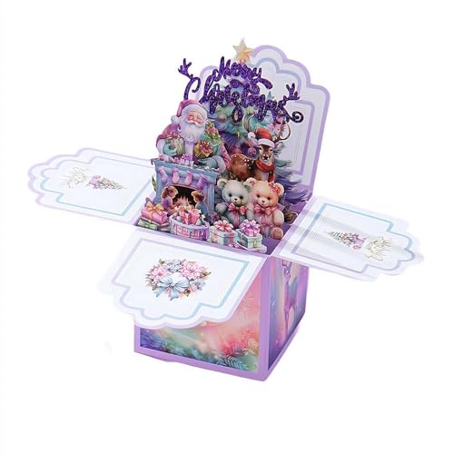 クリスマスカード ポップアップカード - 3Dハンドメイド折りたたみ式グリーティングカード(封筒付き)、家族や友人へのユニークな中空クリスマスギフトボックスデザイン、面白いホリデーセレブレーションカード(パープル1枚)