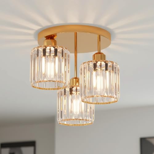 ANWIO Lampadario Soffitto Cristallo Oro, Plafoniere da Soffitto Moderno 3 Luci, Plafoniera Soggiorno E27, Lampadario in Cristallo con 3 Paralume in Vetro Per Camere da Letto (Senza Lampadine) Kitchen