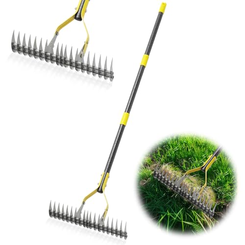 Thatch Rake 4.5FT Heavy Duty Metal Dethatcher Rake with Adjustable Long Handle 19-Tine 15” Wide...
