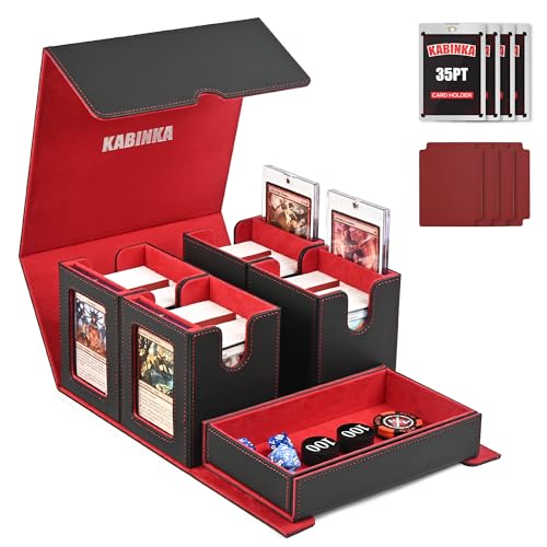 Image of Kabinka Card Deck Box for MTG Commander, Holds 400+ Double-Sleeved Cards, 5 IN 1 Detachable Card Case with Dice Tray, Fits Magic /TCG Cards, 4 Magnetic Card Holders & Dividers (Black Red)