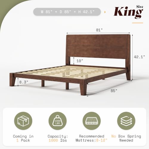 Image of AMERLIFE Solid Wood King Bed Frame with Headboard, Japanese Joinery, Walnut