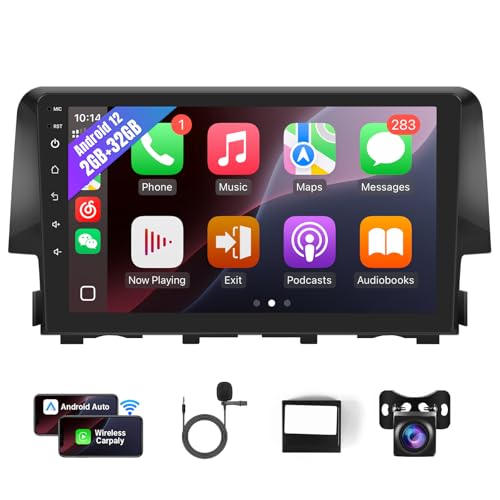 Leadfan Car Radio for Honda Civic 2016 2017 2018 2019 2020 2021 with Wireless CarPlay Android Auto, 9 inch IPS Touch Screen for Civic Car Stereo with Bluetooth GPS Navigation WiFi SWC 2+32G