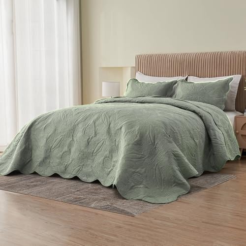 Image of Kingnex Oversized King Bedspreads 128x120 for Extra Wide Tall King or Cal King Bed Ultrasonic Quilted Coverlet Set 3 Piece Include 1 Quilt 2 Pillowcases Sage
