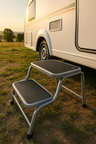 Preiswert & Gut Doppeltrittstufe Wohnwagen aus Stahl – rutschfeste Trittstufe mit 2 Höhen (20/38 cm) Ideal für Camping, Wohnmobil & Caravan 2 Stufen bis maximal 150 kg Traglast