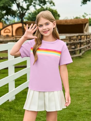 Haloumoning Girls Short Sleeve T Shirts Kids Summer Rainbow Striped Tops Crewneck Tees 5-14 Years2