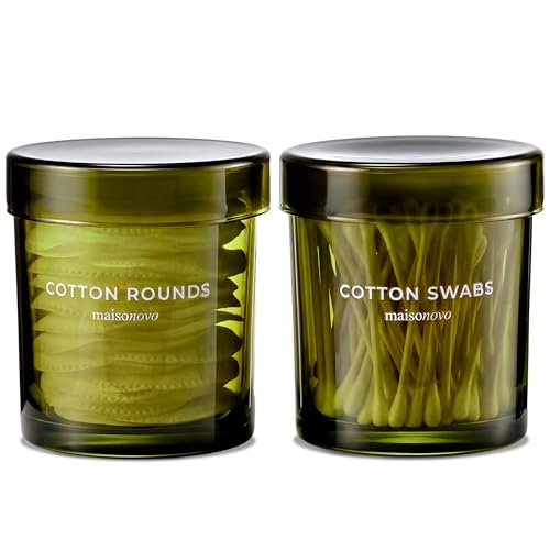 MaisoNovo Boite Coton Tige - 375 ml Verre Hermétique Rangement Coton Tige Pour Cotons-tiges, Cotons, Élastiques À Cheveux - 2 Bocaux Verts Avec Couvercles...