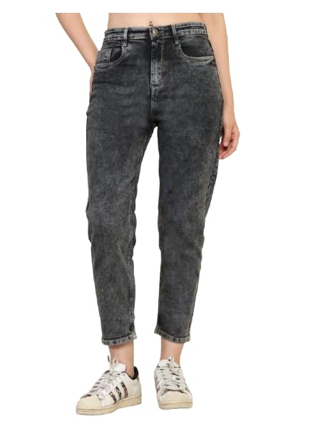 Image of Zayla Women's Mom Fit Cloud Wash Jeans I Full-Length Denim Stretchable High Waist Pant with Curved Pocket I Clean Solid Loose Fit Pants I for Everyday Office Party Girls