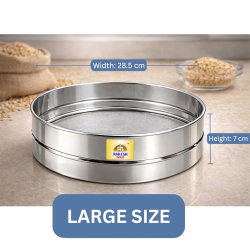 Image of Rakesh Gold Stainless Steel Colander & Strainer for Kitchen Use - Multi-Use Channi /Steel Chalni with Holes for Washing Rice, Fruits, Vegetables & Wheat (Regular Size) (Large Size, Wheat CHALNI)